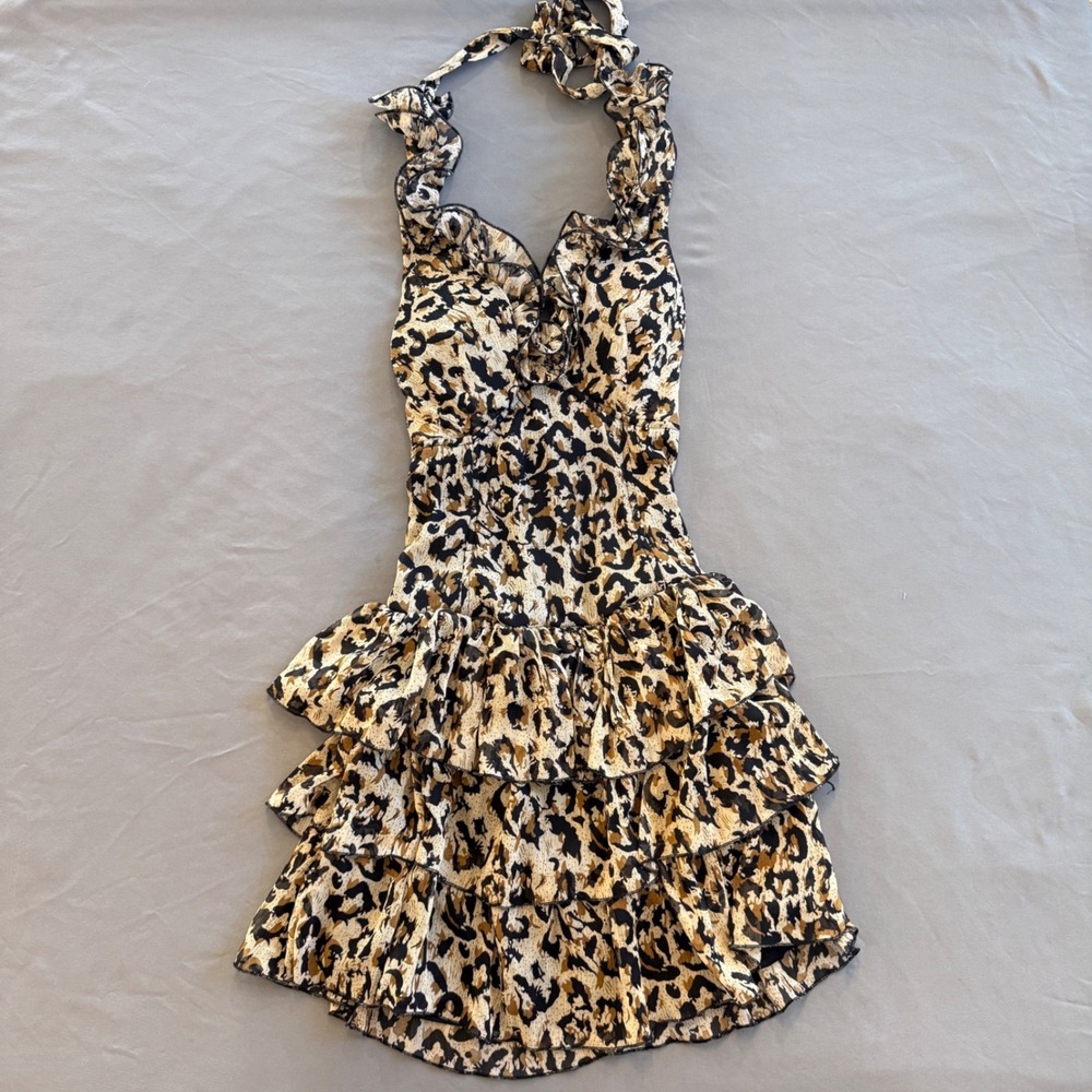 Myth NYC Women Leopard Print Ruffle Halter Mini Dress Smocked Back Tan Black S